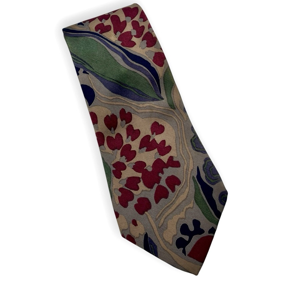Vintage Isaco Silk Mens Neck Tie Abstract Red Green Beige Accents 57in